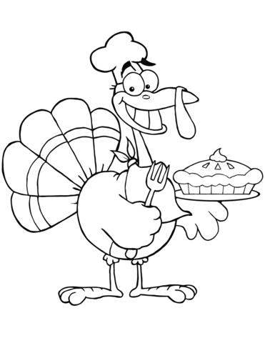 Happy Turkey Chef With Pie Coloring Page